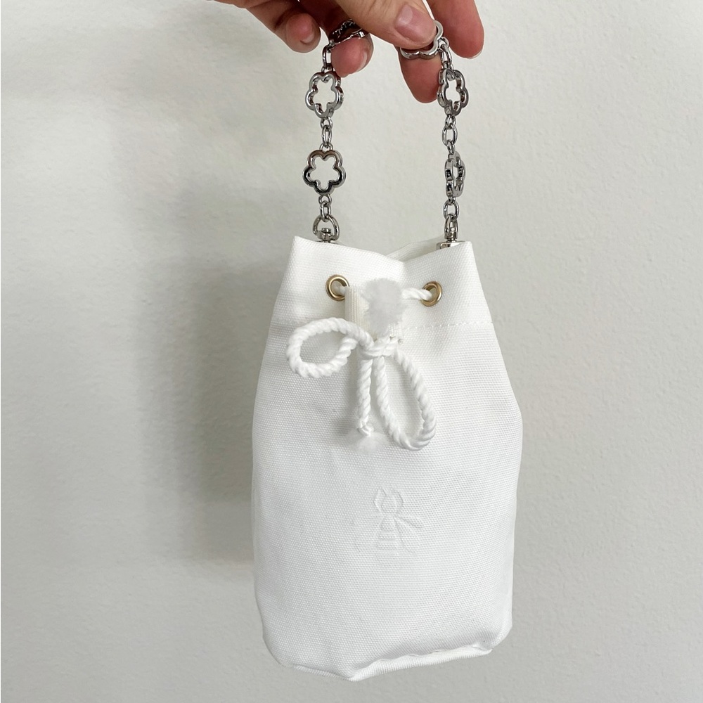GUERLAIN White Drawstring Bag with Silver flower Accents chain pouch